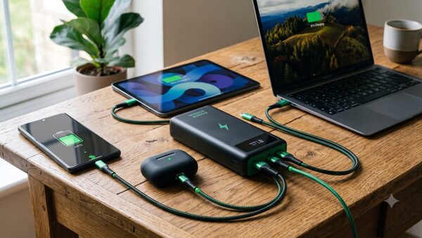 Smartphone, Nintendo Switch e notebook collegati a una power bank per illustrare il numero di cariche per dispositivo