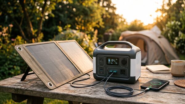 Tragbare Powerstation auf einem Tisch im Freien, daneben ein Smartphone und ein Solarpanel, das sie auflädt