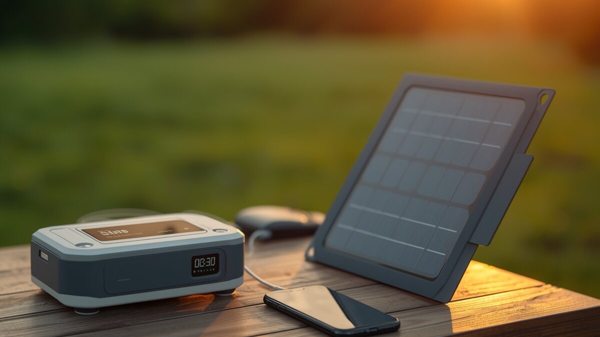 Portable power station on an outdoor table, next to a smartphone and a solar panel charging it