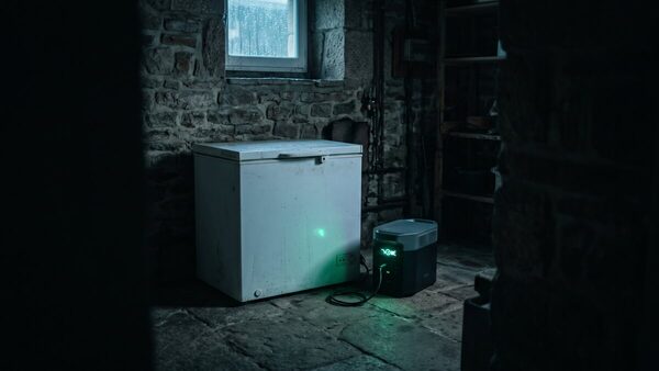 Congelatore a pozzetto in una cantina di pietra durante una tempesta, collegato con un cavo a una power station il cui display verde illumina il pavimento