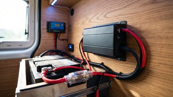 Convertidor de tensión de 12V a 230V conectado a una batería en una furgoneta camperizada