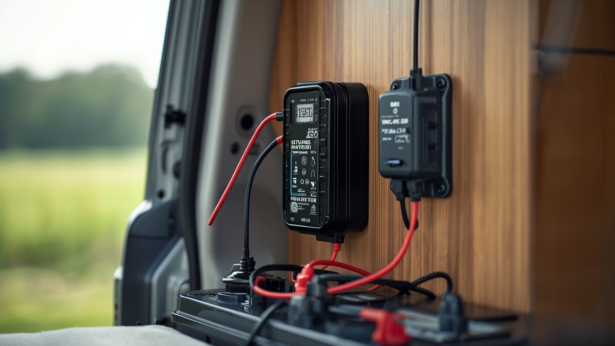 A 12V to 120V power inverter wired to a battery inside a converted camper van