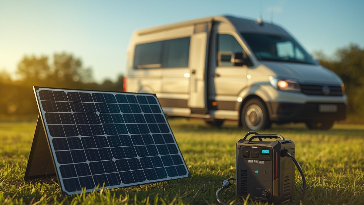 Pannello solare portatile collegato a una power station appoggiata sull'erba vicino a un van allestito