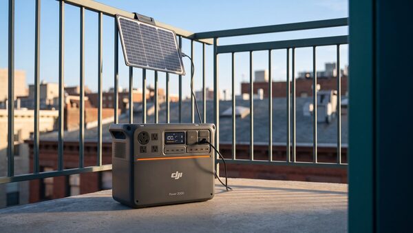 DJI Power 2000 auf einem Balkon, verbunden mit einem Solarmodul und an eine Haushaltssteckdose angeschlossen