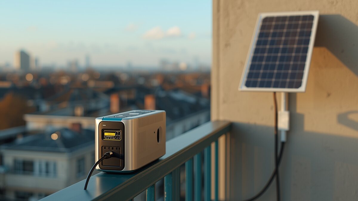 Estación eléctrica portátil DJI Power 2000 en un balcón, conectada a un panel solar y enchufada a una toma doméstica