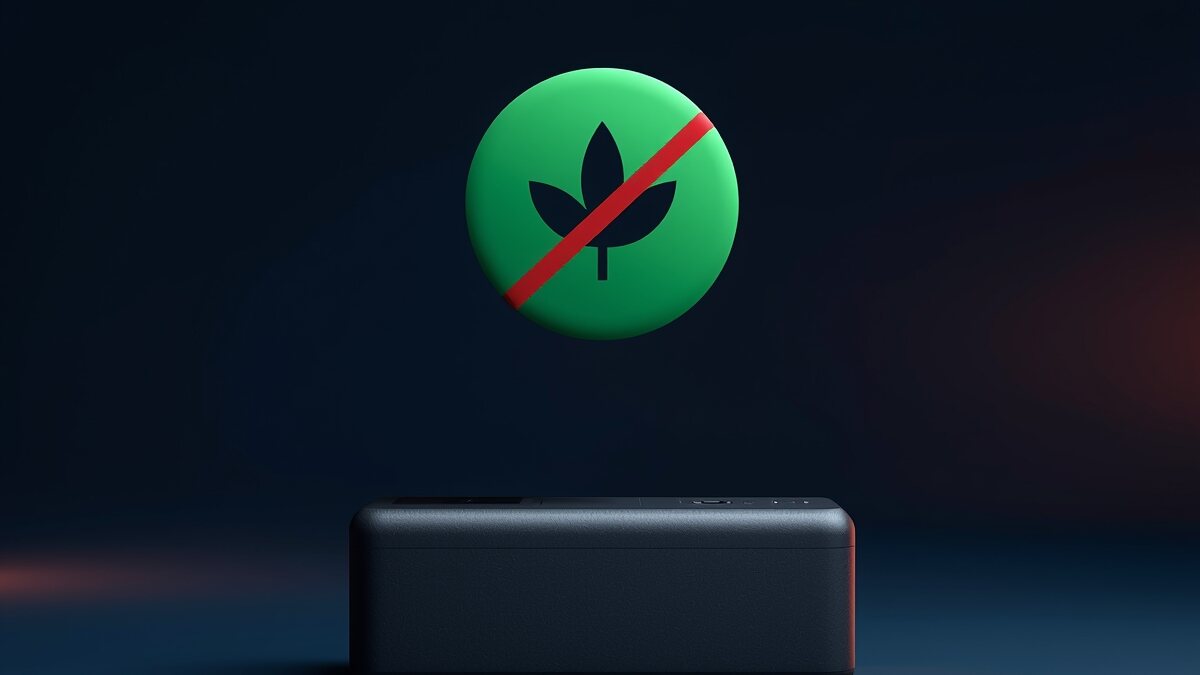Crossed-out 'climate neutral' label on a power bank, symbol of the EU ban on vague green claims