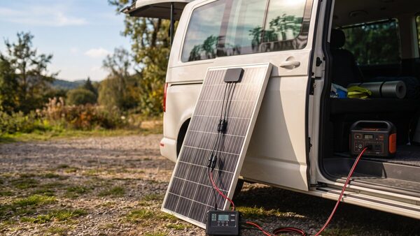 Portable solar panel connected to an MPPT charge controller via MC4 cables