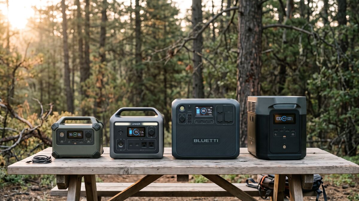 Vier Powerstations in ansteigender Größe, aufgereiht auf einem Holztisch in einem Wald bei Sonnenaufgang