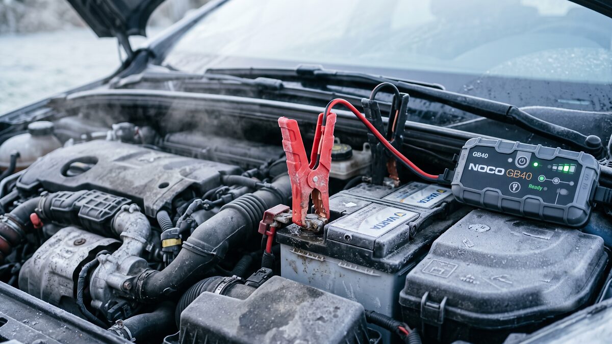 Tragbares Starthilfegerät an den Polen einer Autobatterie für einen Notstart