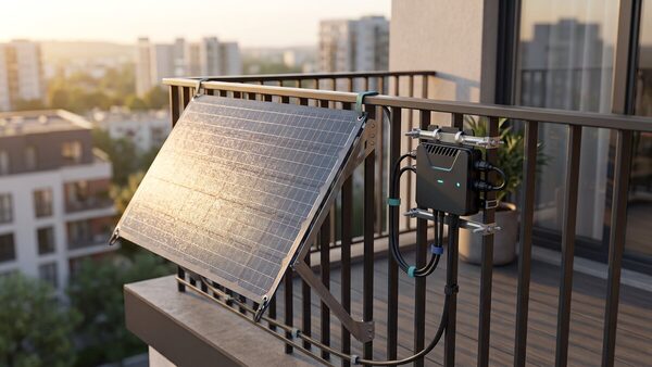 Balcony solar kit with a microinverter and flexible solar panel mounted on an apartment balcony railing