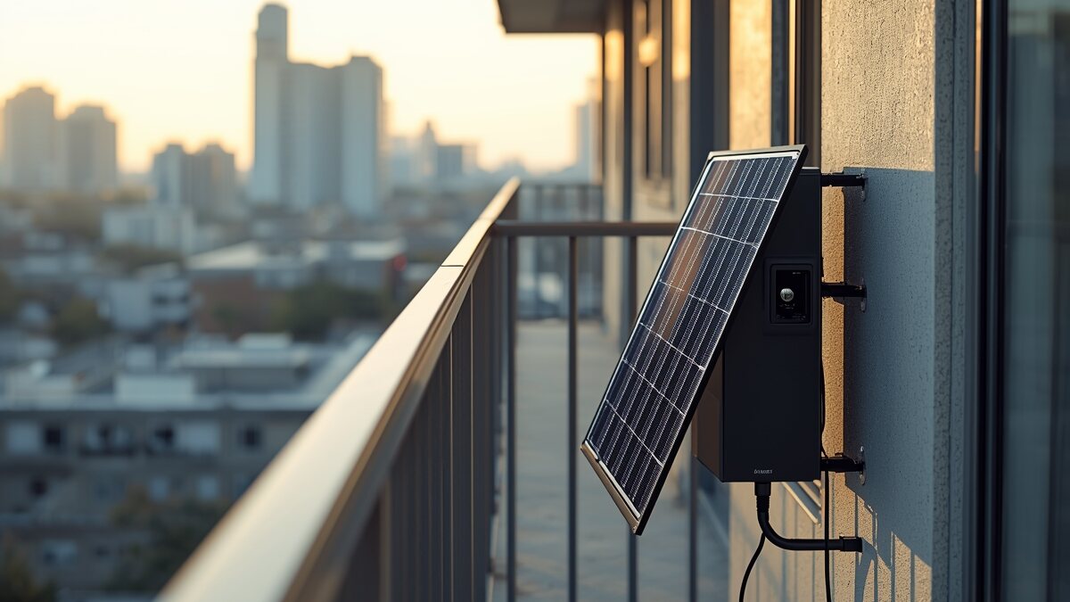 Balcony solar kit with a microinverter and flexible solar panel mounted on an apartment balcony railing