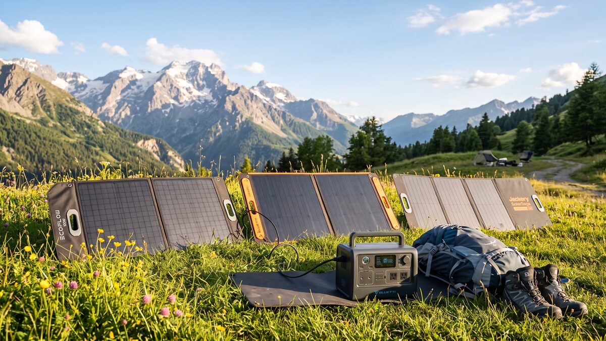Mehrere faltbare tragbare Solarmodule im Freien aufgestellt, Vergleich 2026