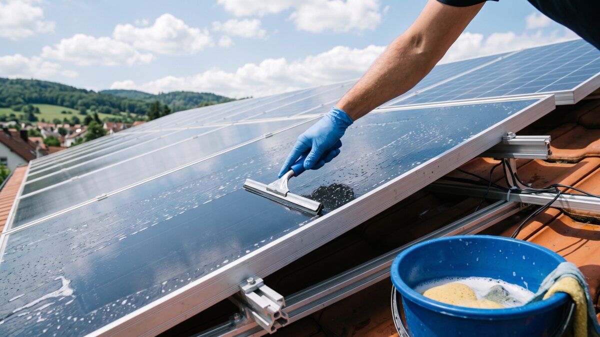 Cleaning a solar panel with a squeegee and clean water