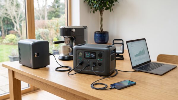 Portable power station on a table connected to a compressor cooler, a laptop and a coffee machine