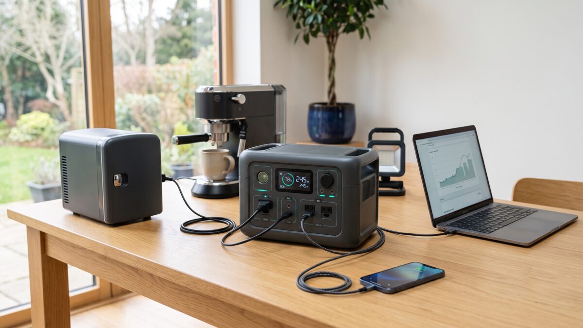 Station d’énergie portable posée sur une table, reliée à une glacière à compression, un ordinateur portable et une machine à café