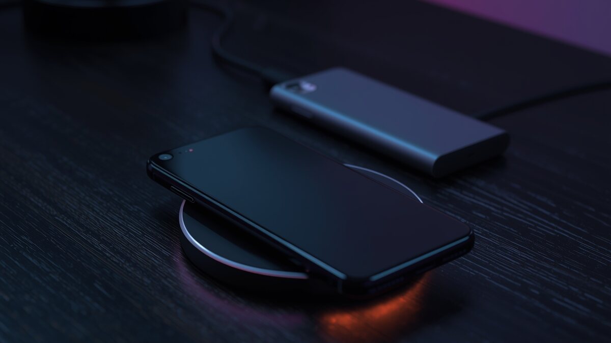 Smartphone charging on a magnetic Qi2 MagSafe wireless charger, next to a magnetic power bank