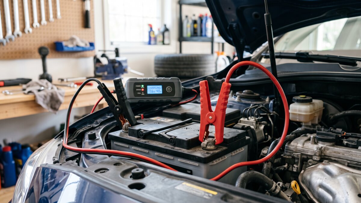 Battery charger connected to a car battery, red clamp on the positive terminal