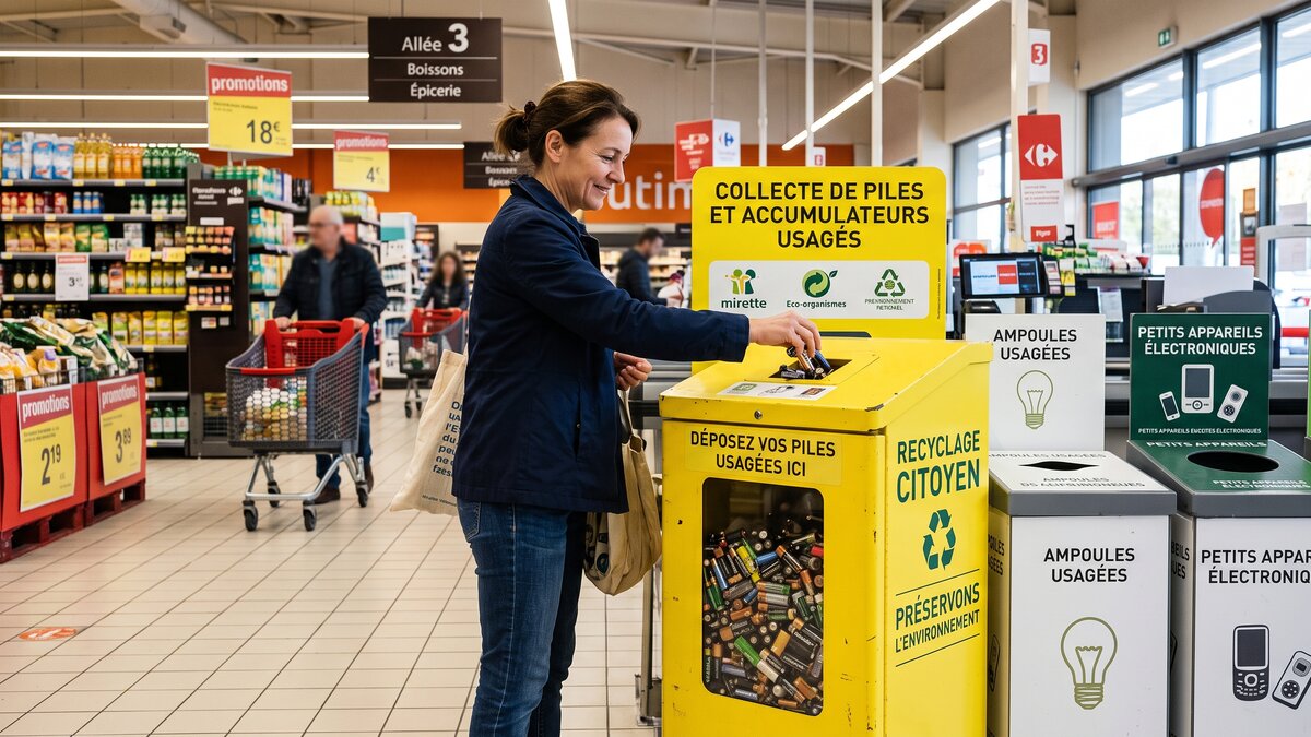 Eine Kundin wirft gebrauchte Batterien in einen gelben Sammelbehälter für Batterien im Supermarkt