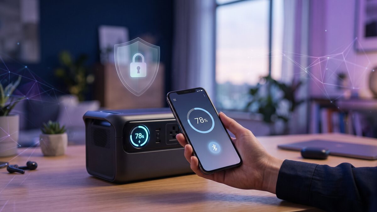 Smartphone con una aplicación de control de una batería conectada junto a una estación de energía portátil