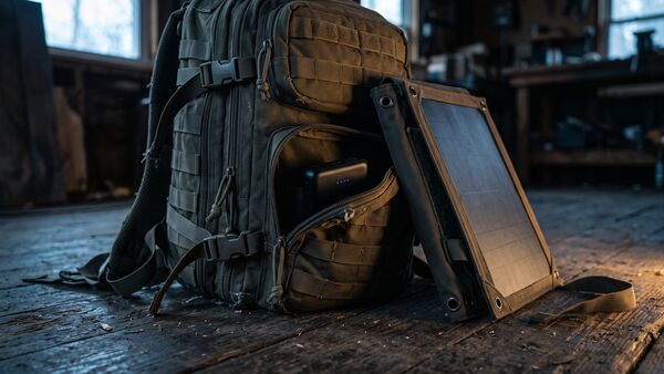 Symbol eines Notfallrucksacks mit Powerbank, faltbarem Solarpanel und Licht als Sinnbild für 72 Stunden mobile Energie
