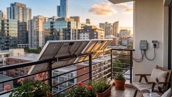 Plug-and-Play-Solarset an einem Balkongeländer, an eine Haushaltssteckdose angeschlossen