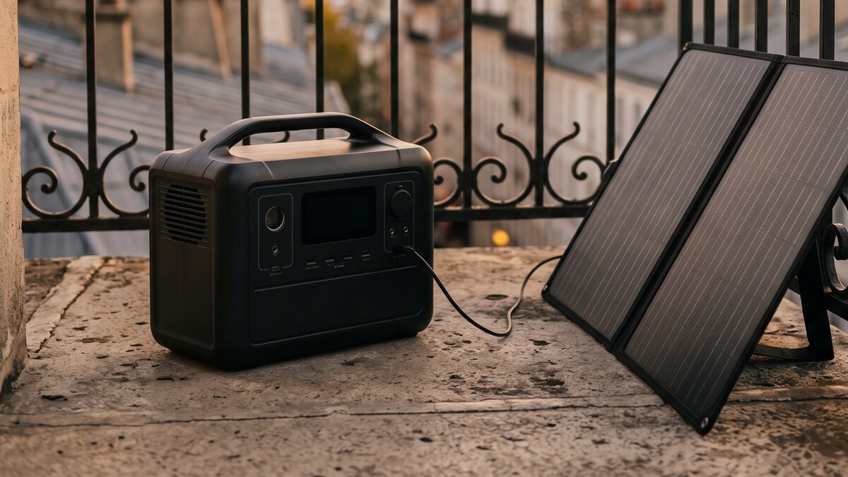 Powerstation auf einem Balkon, Solarkabel von einem an das Geländer gelehnten Modul