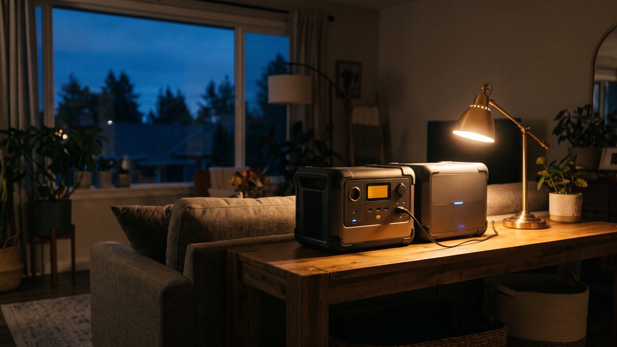 LiFePO4-Powerstation mit Erweiterungsbatterie im Wohnzimmer während eines Stromausfalls zu Hause