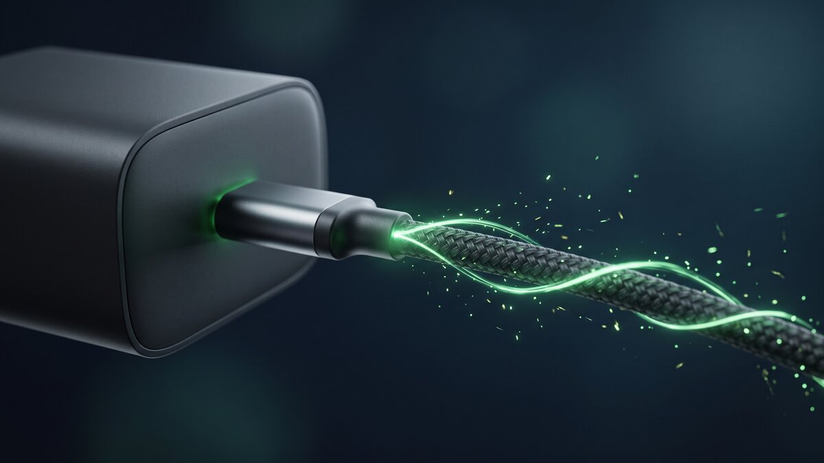 Illustration symbolising the electrical units watt, amp, volt and watt-hour with a USB-C charging cable