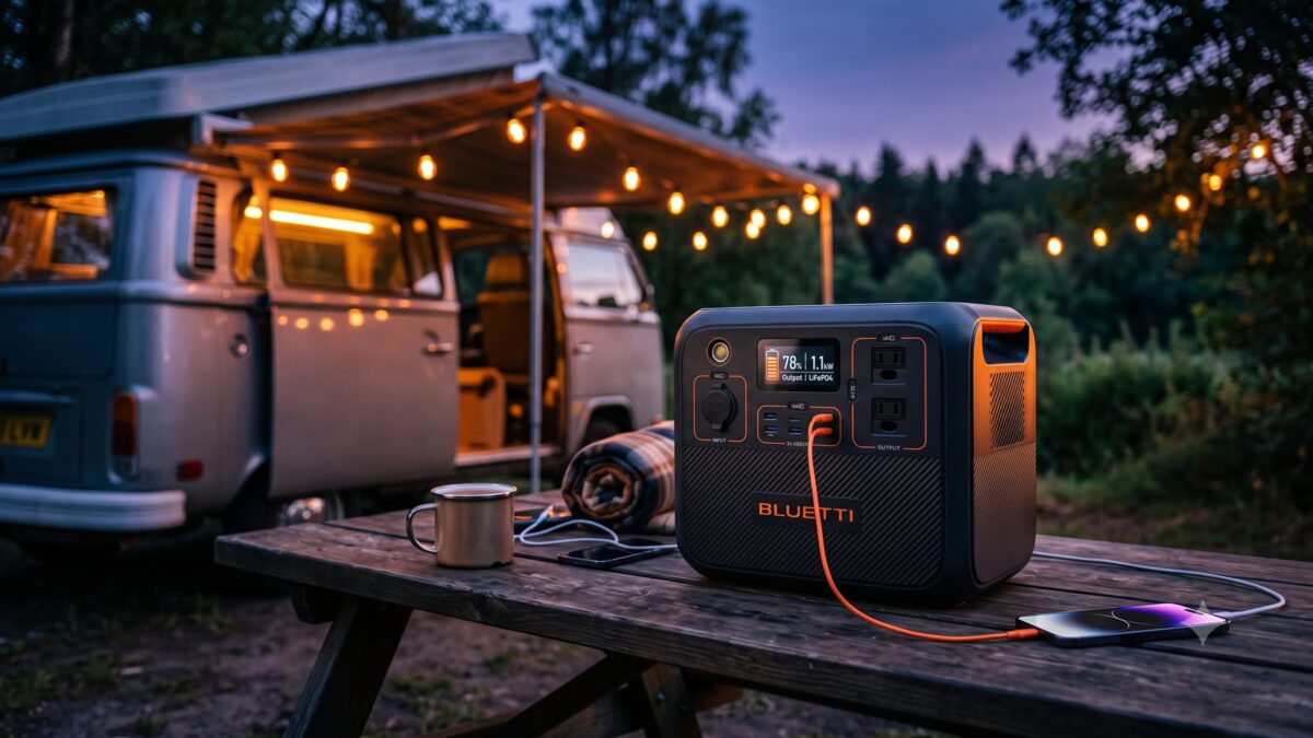 Estación de energía portátil Bluetti sobre una mesa de picnic al anochecer, pantalla que marca el 78 por ciento de carga, frente a una furgoneta camper bajo una guirnalda de luces